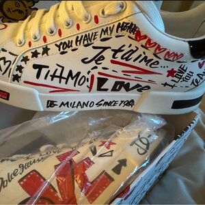 Dolce & Gabbana White Sneakers with Black and Red Graphics